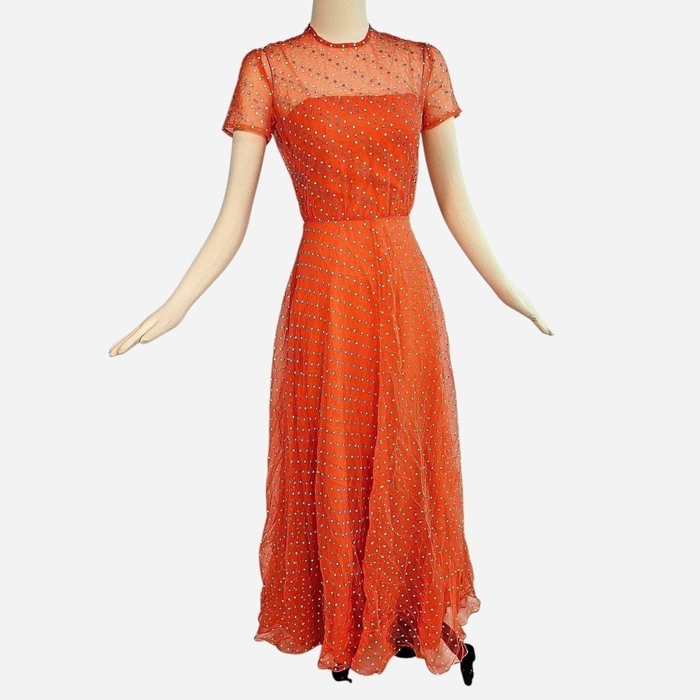1970s Peachy Orange Polka Dot Rhinestoned Maxi Gown Sheer Chiffon Layered Dress